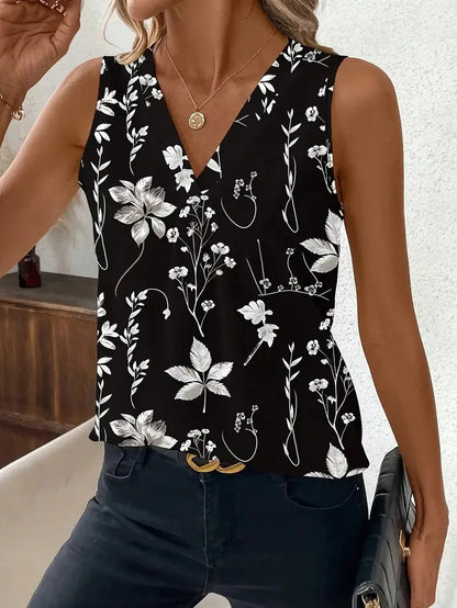 V-neck Vest New Fashion Plant Printed Sleeveless Top Pullover Simple Basic T-shirt