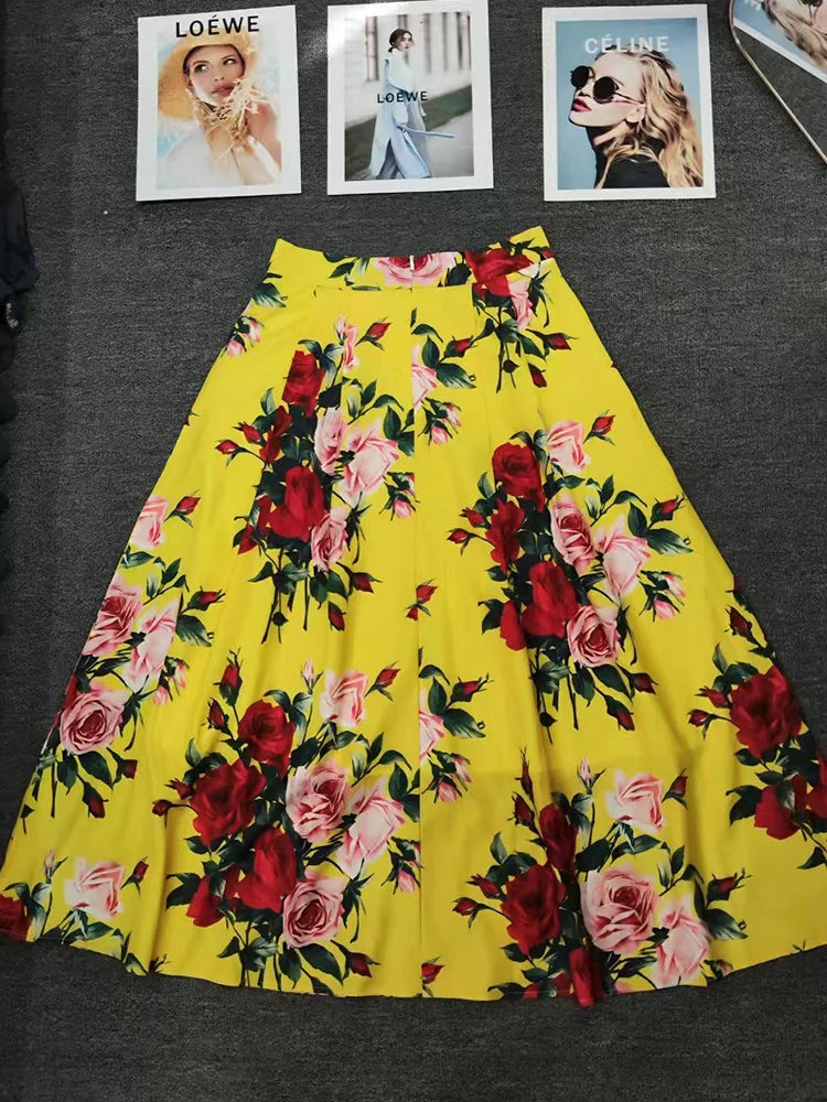 Elegant rose print sexy short tube top suspender top summer new female two-piece high waist pocket button big skirt fashion suit