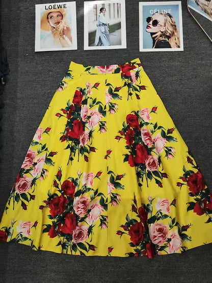 Elegant rose print sexy short tube top suspender top summer new female two-piece high waist pocket button big skirt fashion suit