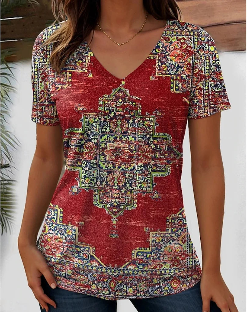 Wind Ladies V-neck T-shirt Summer Outdoor Casual Short Sleeve Tops Retro Street Flower Print OverSize Women's Clothing