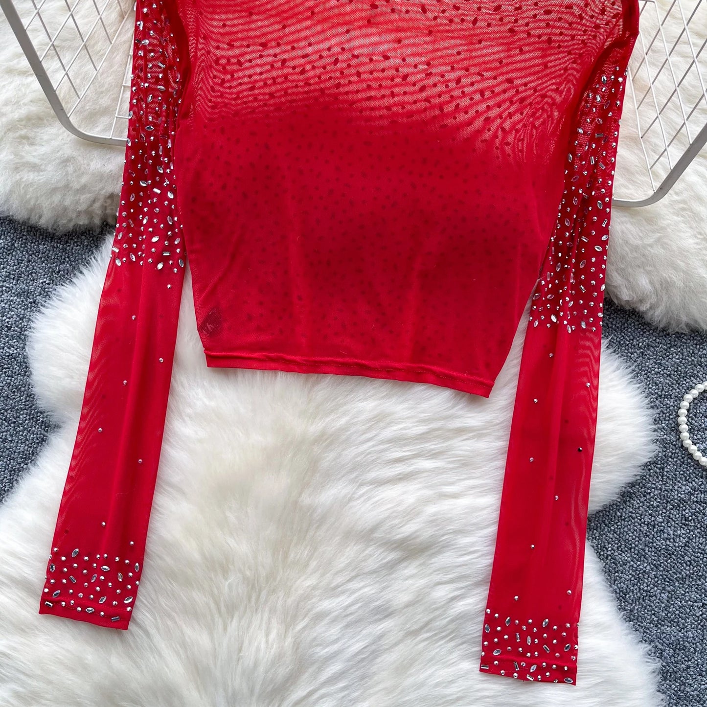 Thin See-tough Long Sve Me T-shirt ort Heavy-du Rhinestone Base irt Korean Sle Creative Pattern