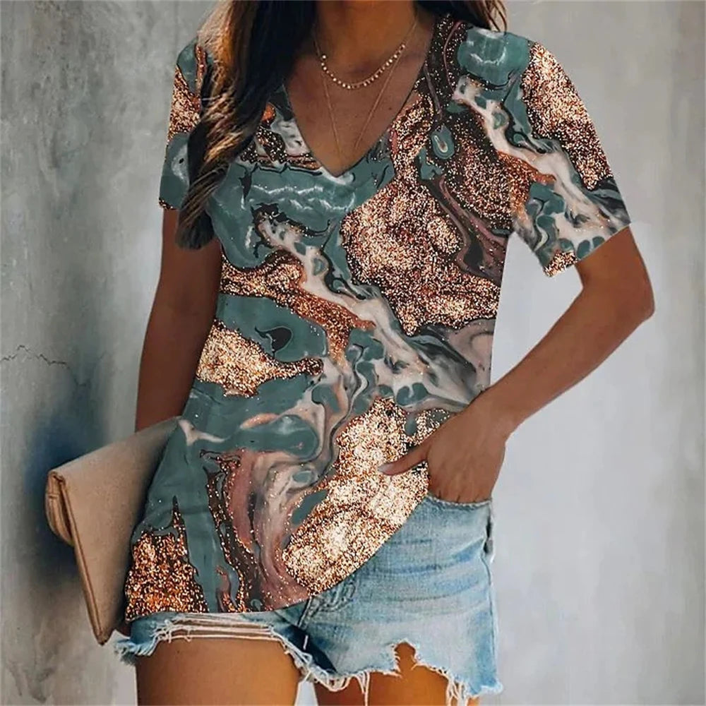 Colorful Tassels Print T-Shirt Fashion Women's Short Sleeve V-Neck T-Shirt Summer Casual Elegant Women's Large Size T-Shirt