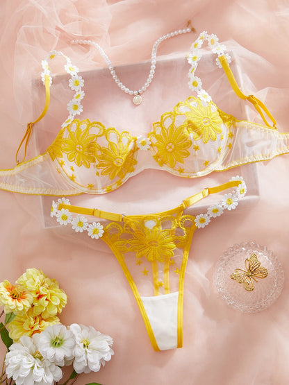 Lingerie beautiful yellow daisy summer semi transparent embroidered underwear, cute and sweet style, adjustable shou