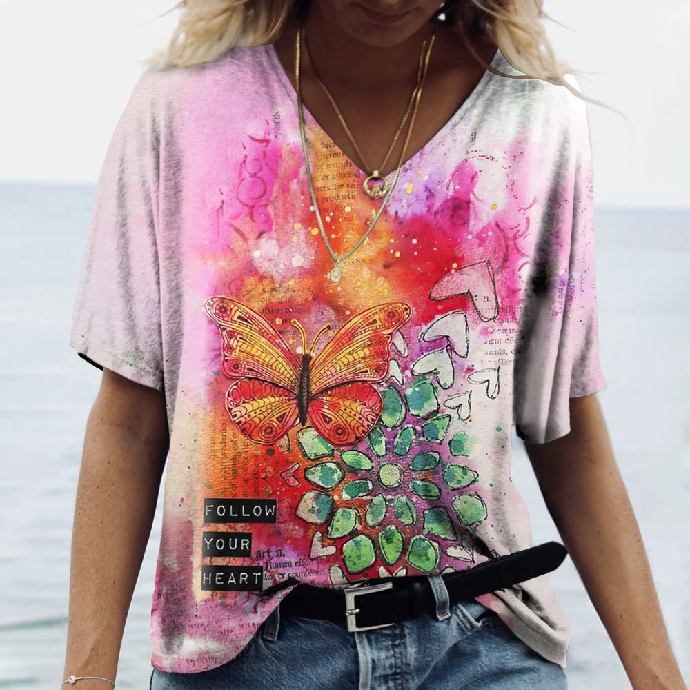 Summer Women's T-Shirt Vintage Casual Fashion V Neck Pullover Short Sleeve Butterfly Print Loose Daily Tops Design Clothing