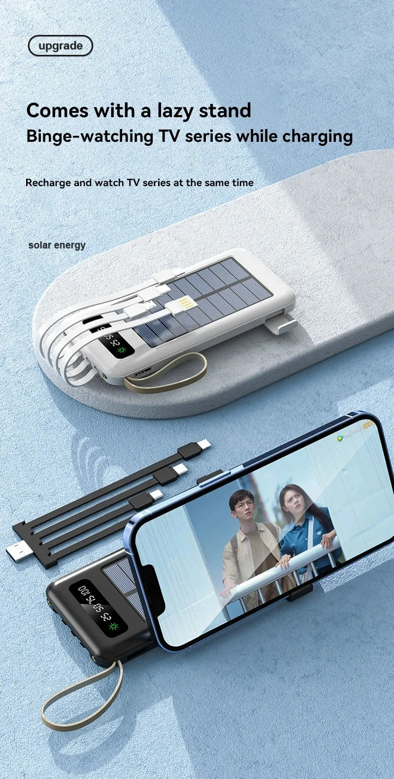 200000mAh Solar Power Bank Large Capacity Mobile Power Fast Charging Battery With Dual USB 4 Cables For iPhone Samsung