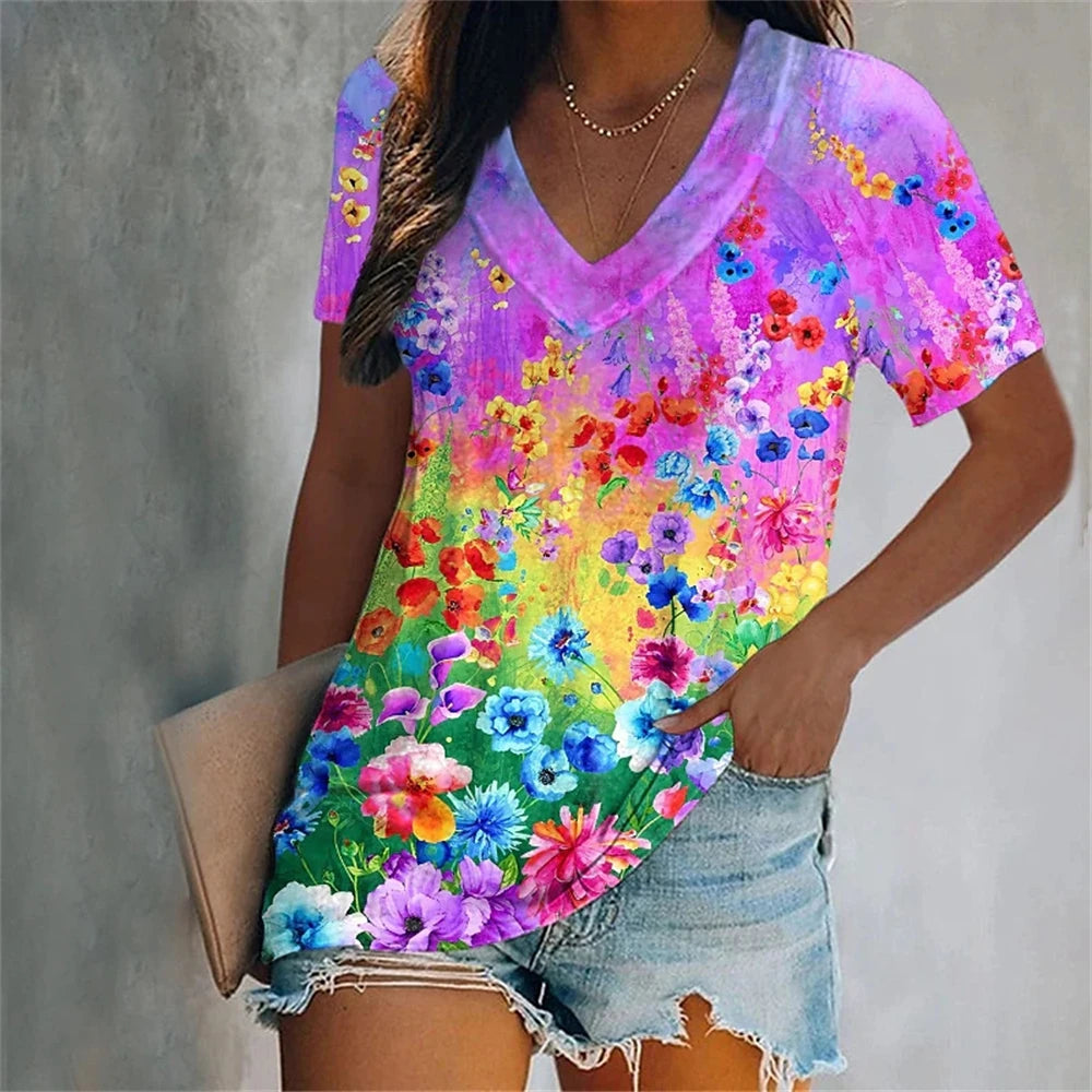 Colorful Tassels Print T-Shirt Fashion Women's Short Sleeve V-Neck T-Shirt Summer Casual Elegant Women's Large Size T-Shirt