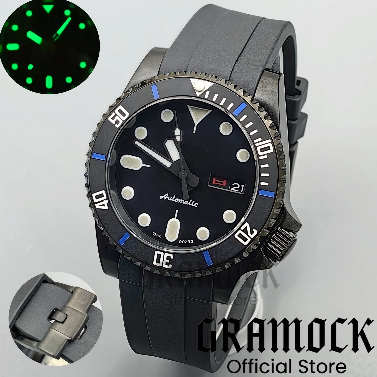 Gramock 40mm Men's Watch NH36 Movement Week-day Display Function Full Black Dial PVD Case Curved End Rubber Strap Waterproof
