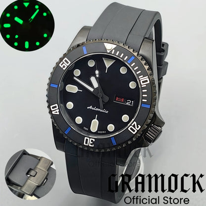 Gramock 40mm Men's Watch NH36 Movement Week-day Display Function Full Black Dial PVD Case Curved End Rubber Strap Waterproof