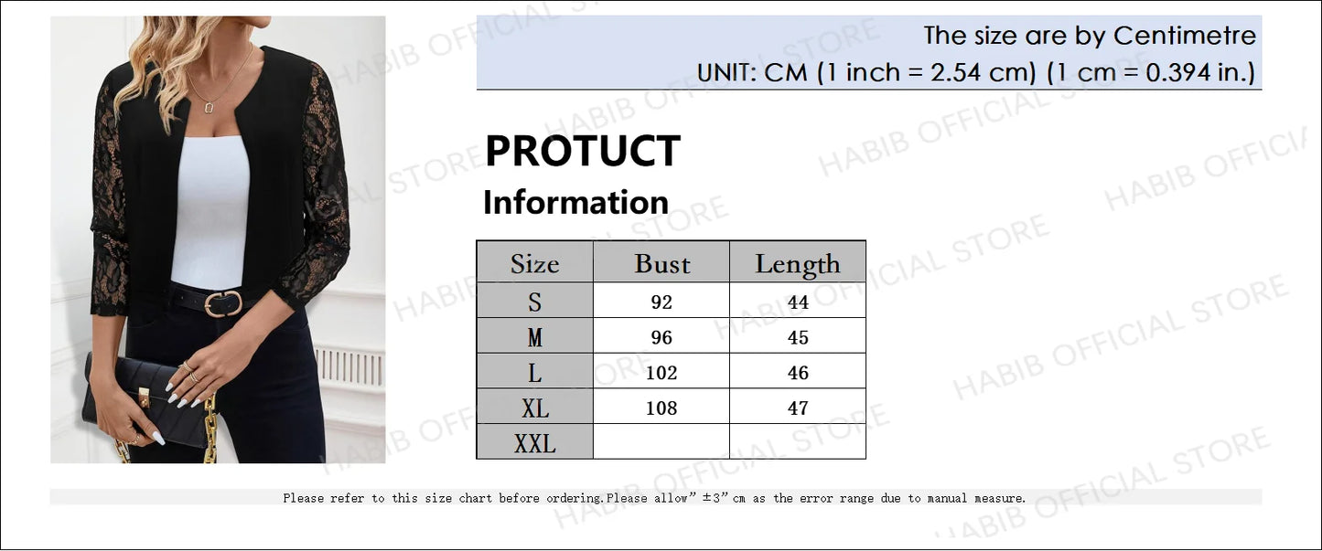 Women' Solid Casual Outwear Lace Long Sleeve Jacket Spring Autumn Elegant Zipper Coat Office Wear Slim Office Coat Crop Top