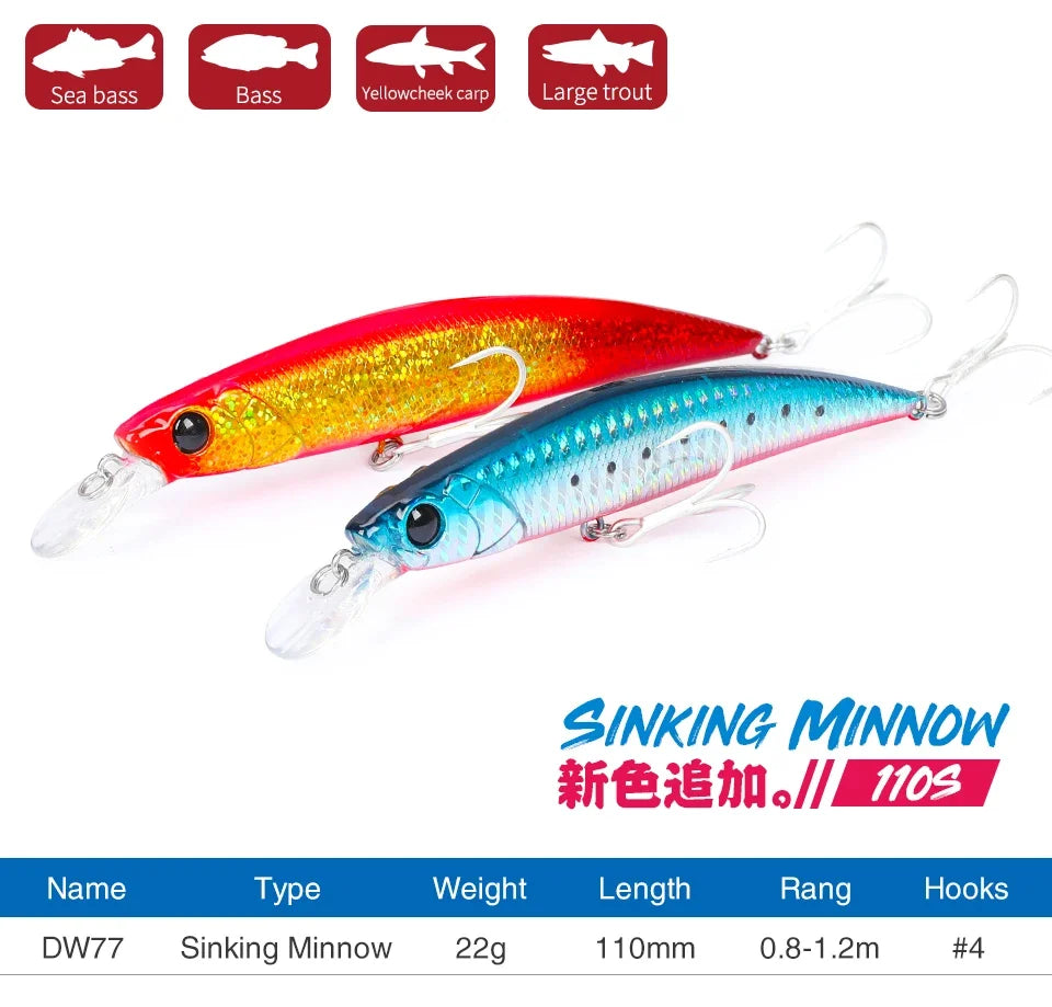Sinking Minnow 110S DW77 110mm 22g Long Casting Fishing Lure Large Trout Seabass Sea Fishing Hard bait