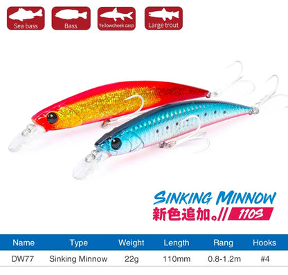 Sinking Minnow 110S DW77 110mm 22g Long Casting Fishing Lure Large Trout Seabass Sea Fishing Hard bait