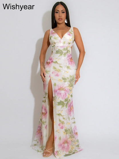 Flower Print Sequins Spaghetti Strap Sleeveless High Slit Long Dress Woman Sexy Vacation Party Birthday Prom Summer Robe