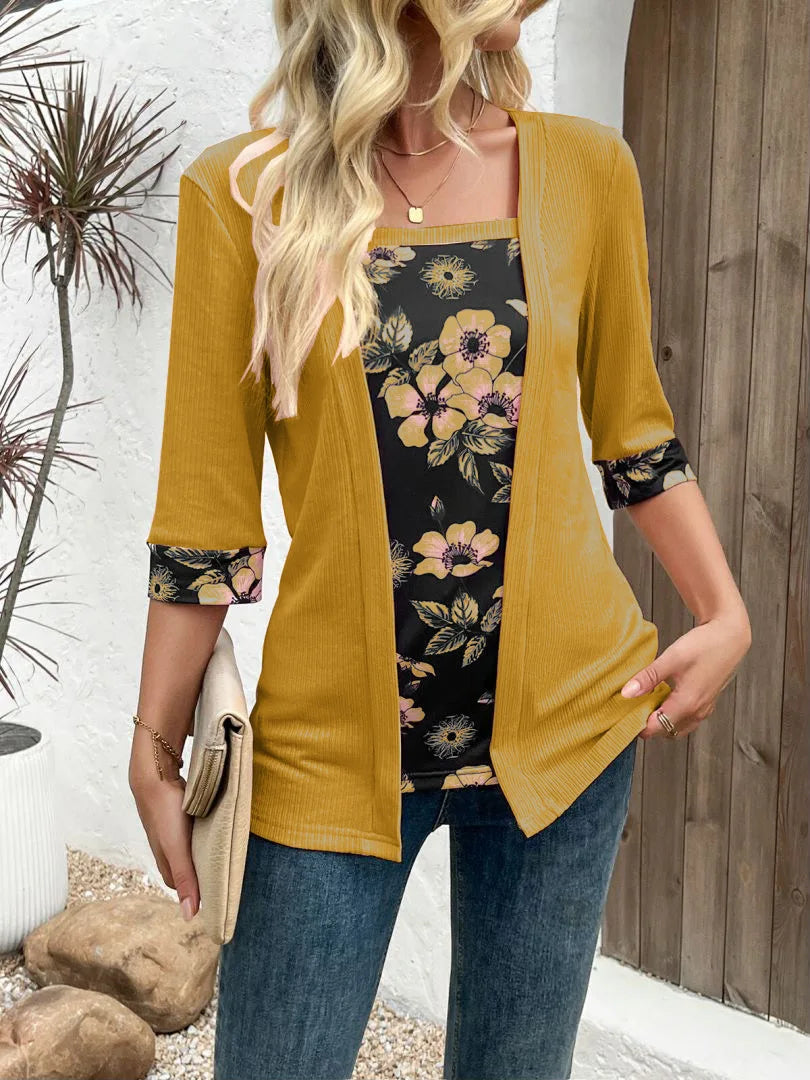 European,Clothes,Elastic,T-Shirt,Women,Chic,Sexy,Fake two pieces,Patchwork,Print,Tops,Half Sleeve,Loose,Tees,