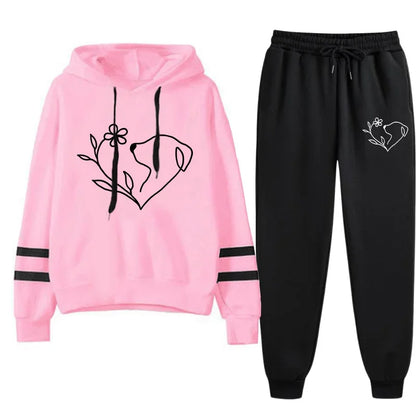 2025 Hot Sale Women's Tracksuit Hooded Sweatshirts Black Sweatpants Urban Casual Fashion Sportswear Cute Pattern Print Hoodies