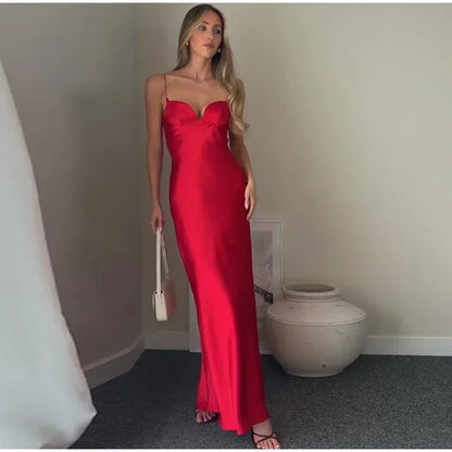 Party Solid Women Long Dresses Sexy A Line Backless Sleeveless Female Dress 2025 Summer Elegant Evening Satin Lady Robes