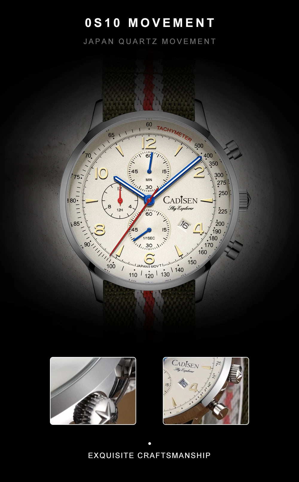 CADISEN New Men's Watches Top Luxury Quartz Watch For Men Canvas 0S10 Chronograph AR Mirror Waterproof Gift Men's Wristwatch