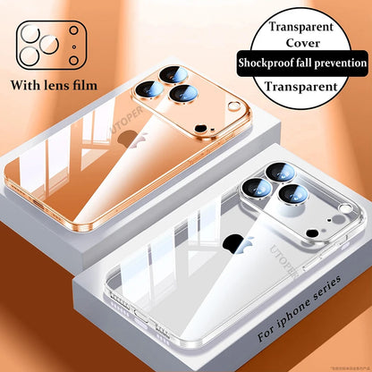 Plating Transparent with Lens Film Case for iPhone 17 Air 17 16 15 14 13 12 11 Pro Max Plus Anti-fall Damping Cover