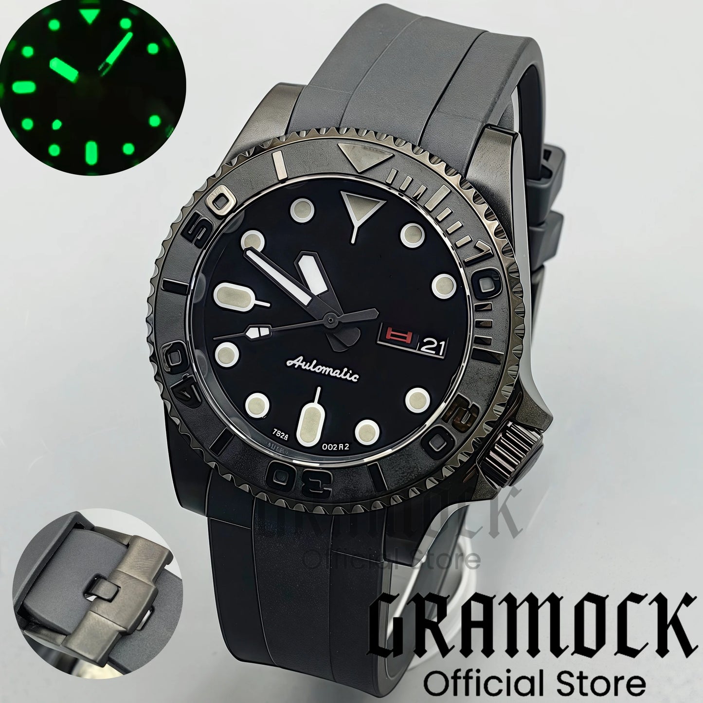 Gramock 40mm Men's Watch NH36 Movement Week-day Display Function Full Black Dial PVD Case Curved End Rubber Strap Waterproof