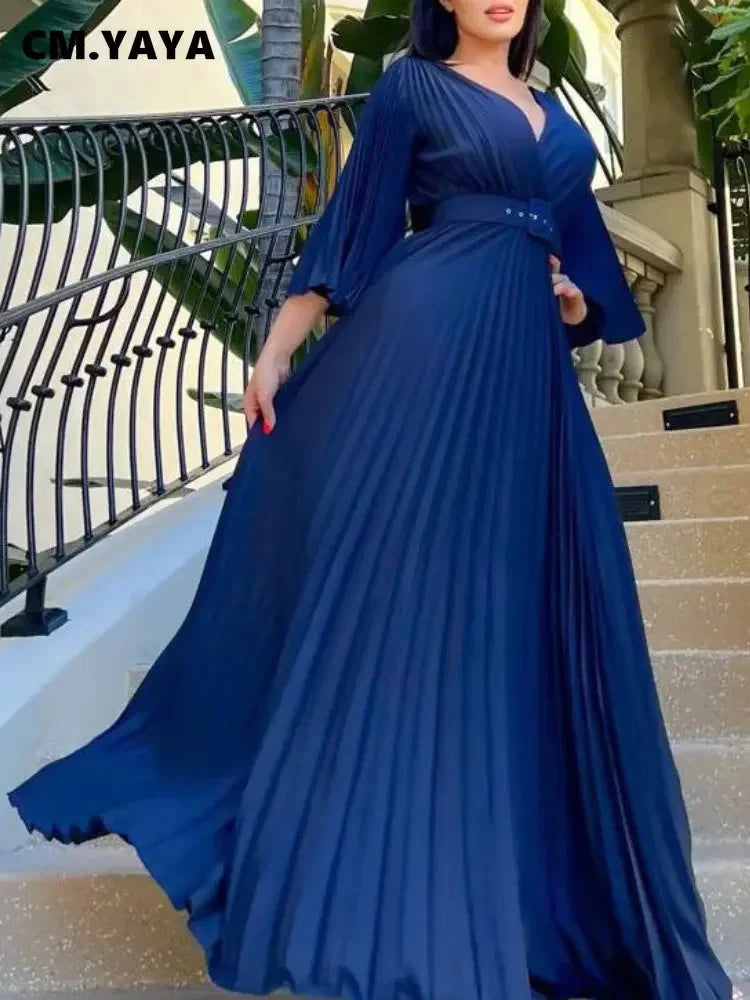 V-neck Flare Sleeve Big Swing Floor Length Maxi Long Dresses  Women Autumn Winter Party Prom Dress