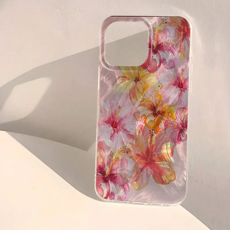 Shiny Phone Case For iPhone 17 16 15 14 13 12 11 Pro Max 16E 14 Plus 17 Air CWatercolor Hibiscus Flower Pattern Hard Cover