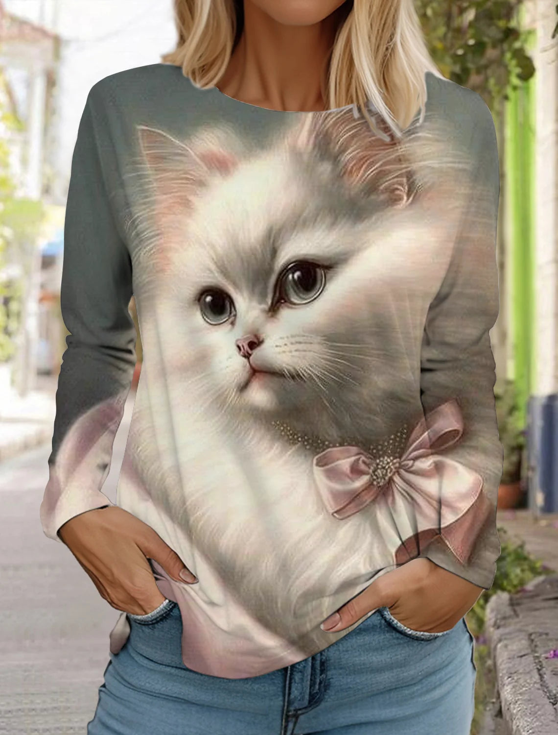 Long Sleeve 3D Printed Kitten Cute Print T-Shirt Women's Streetwear Round Neck Long Sleeve
