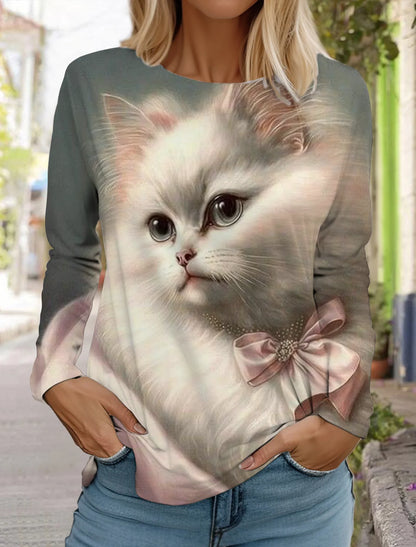 Long Sleeve 3D Printed Kitten Cute Print T-Shirt Women's Streetwear Round Neck Long Sleeve