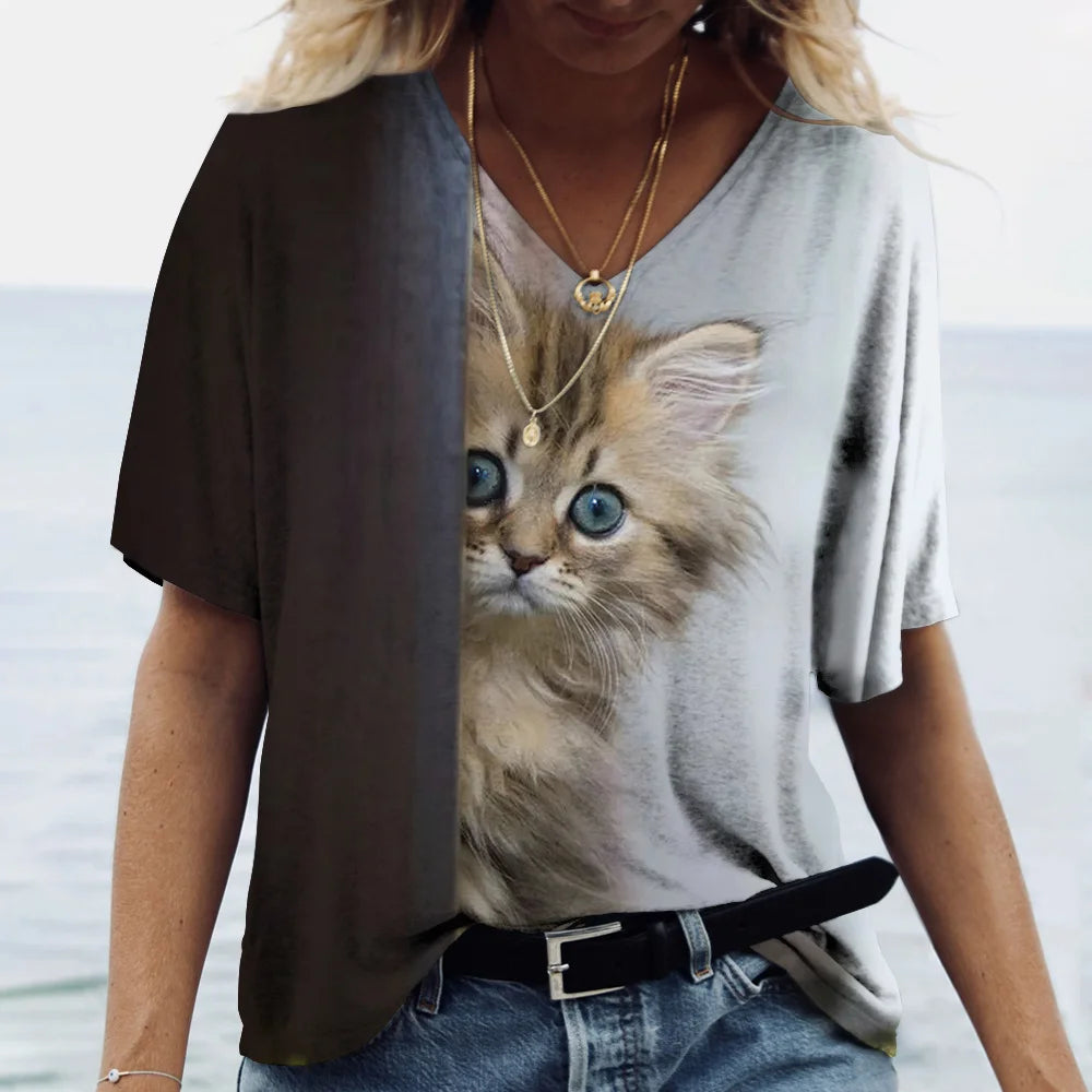 T-shirt Cat Print Short Sleeve Clothes Female Harajuku Tees Ladies T Shirt Oversized Tops Animal Women Clothing