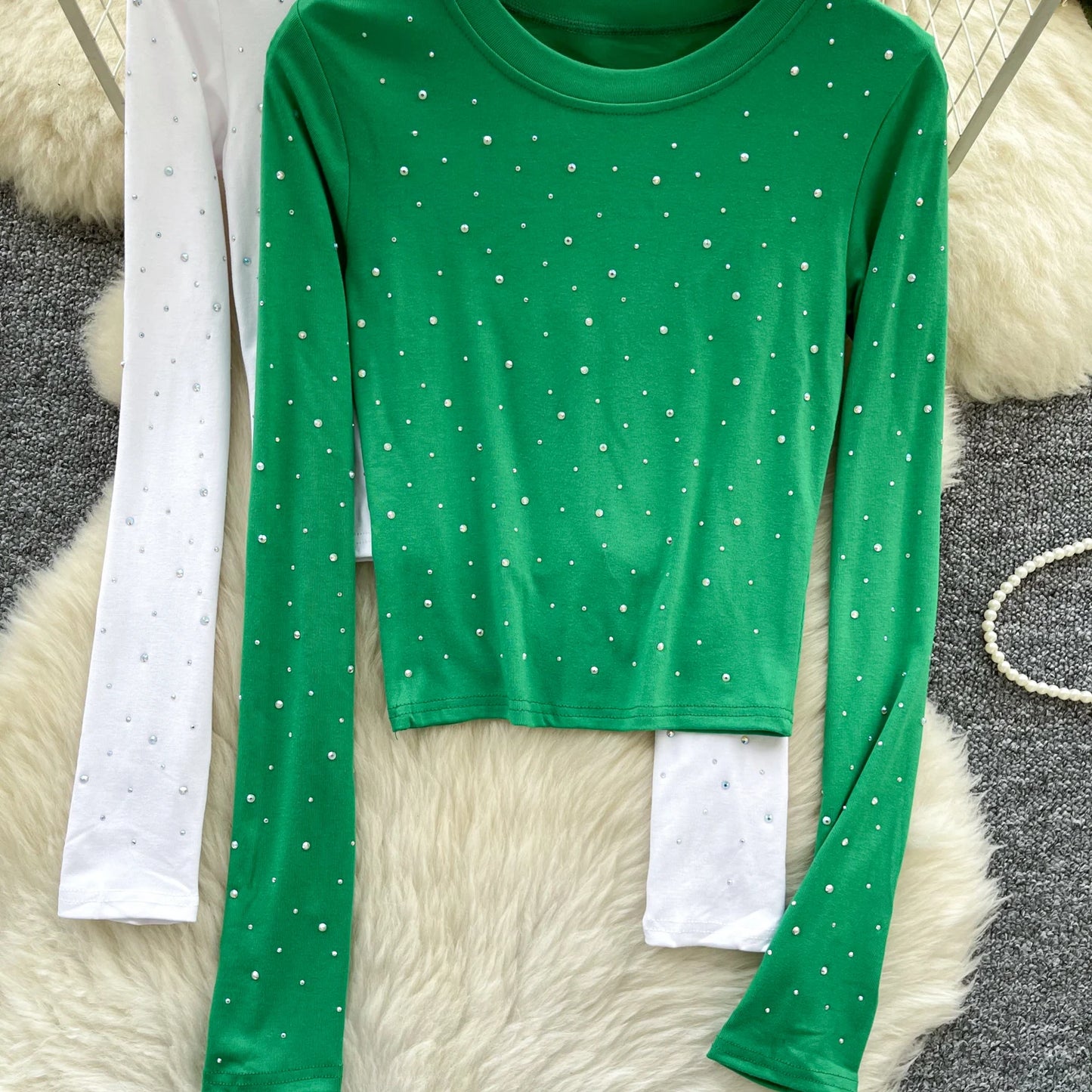 Long Sleeves Hotsweet O-neck Fashion Rhinestone Slim Top French Streetwear Sexy High Street Autumn Winter Women T-Shirts