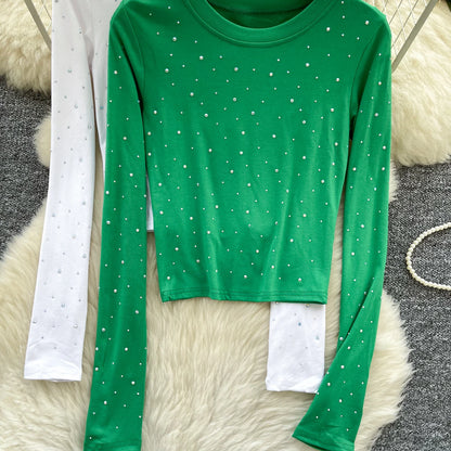 Long Sleeves Hotsweet O-neck Fashion Rhinestone Slim Top French Streetwear Sexy High Street Autumn Winter Women T-Shirts