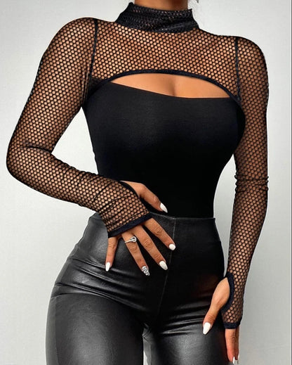 Spring New Fashion Rhinestone Bandeau Sheer Mesh Slim Fit Long Sleeve Tee Sexy Skinny Daily T-Shirt Top