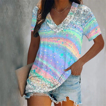 Colorful Tassels Print T-Shirt Fashion Women's Short Sleeve V-Neck T-Shirt Summer Casual Elegant Women's Large Size T-Shirt