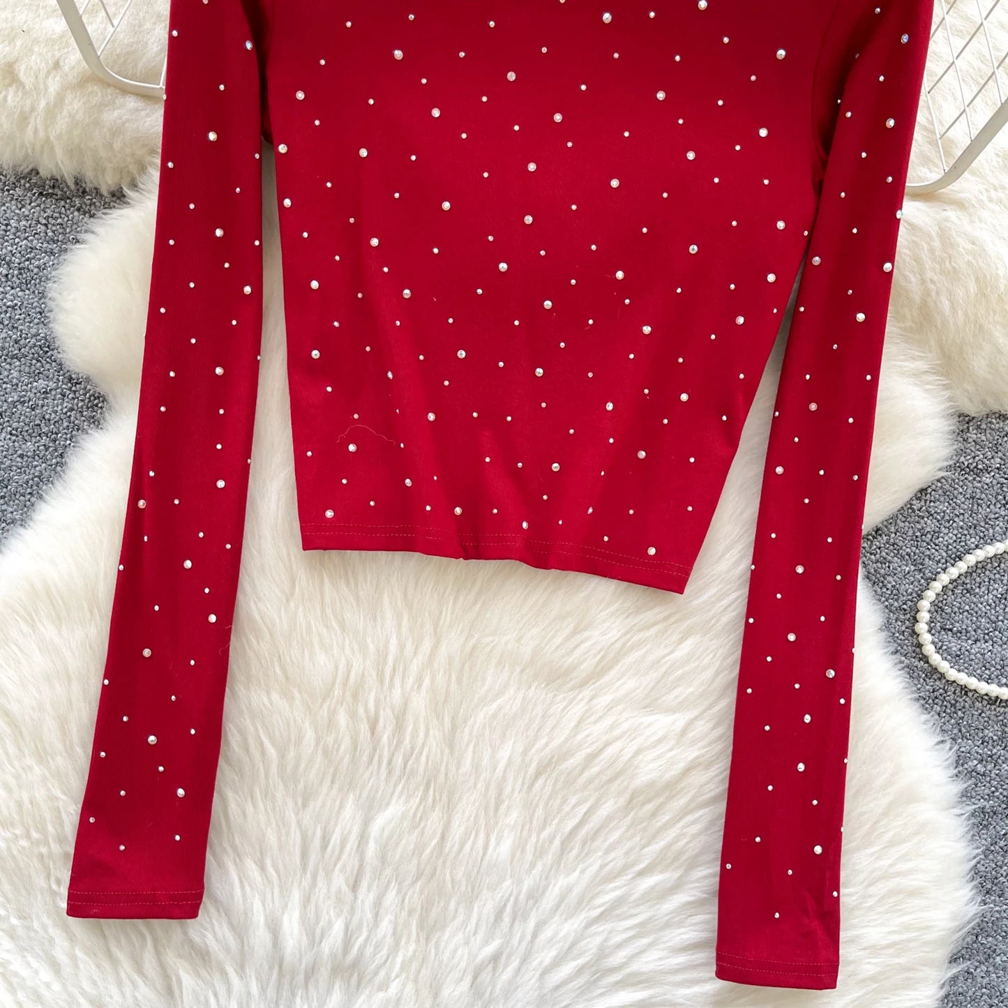 Long Sleeves Hotsweet O-neck Fashion Rhinestone Slim Top French Streetwear Sexy High Street Autumn Winter Women T-Shirts