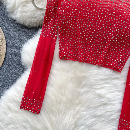 Thin See-tough Long Sve Me T-shirt ort Heavy-du Rhinestone Base irt Korean Sle Creative Pattern