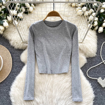Long Sleeves Hotsweet O-neck Fashion Rhinestone Slim Top French Streetwear Sexy High Street Autumn Winter Women T-Shirts