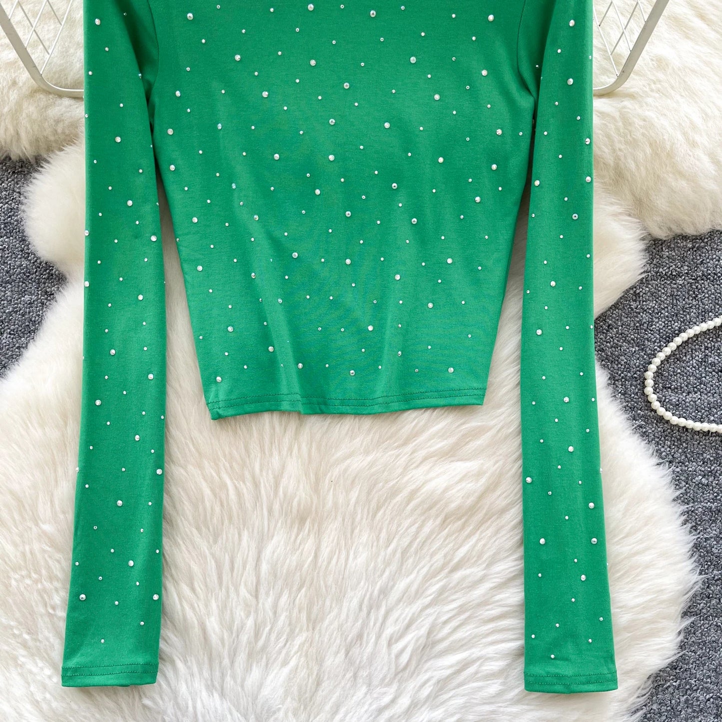 Long Sleeves Hotsweet O-neck Fashion Rhinestone Slim Top French Streetwear Sexy High Street Autumn Winter Women T-Shirts