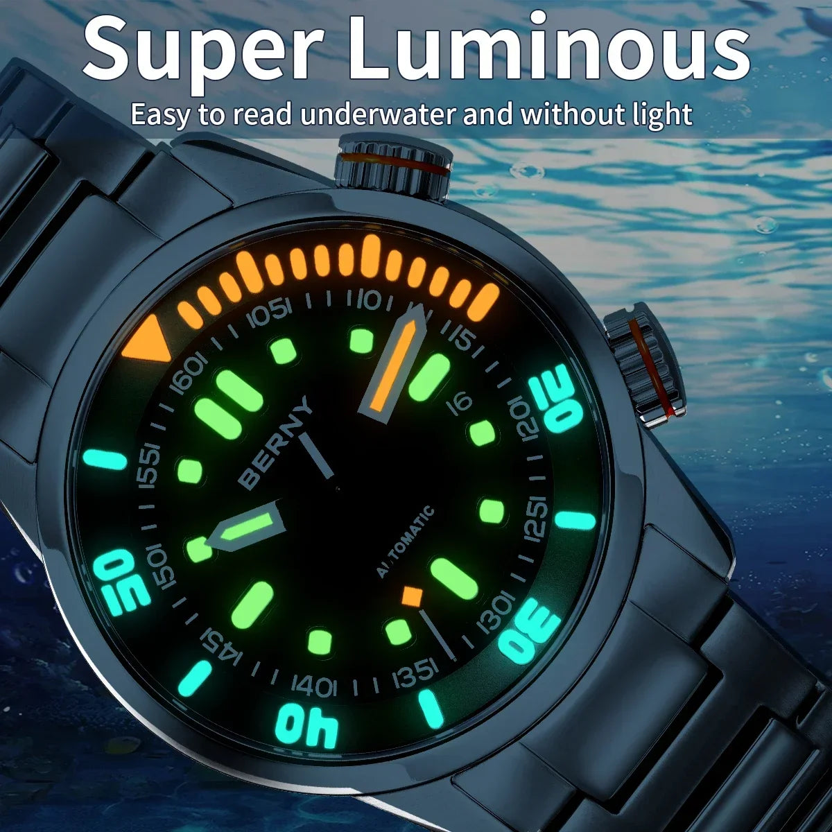 BERNY Automatic Dive Watch for Men Super Luminous Original Design 20ATM Diver Wristwatch Sapphire, Local Warehouse Fast Delivery