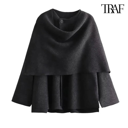 TRAF Women's Fashion Fall and Winter Comfortable Casual Commuter Coat Knitted Loose Warm Coat Asymmetric Elegant Split Jacket