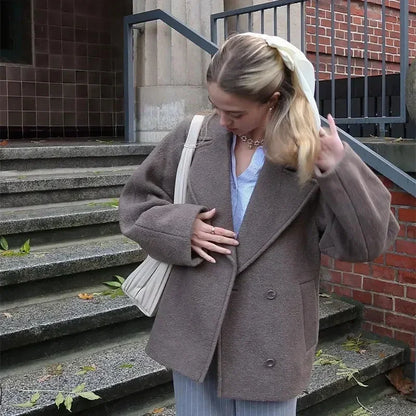 Women's Double Breasted Wool Coat Autumn Winter Fashion Lapel Long Sleeves Short Blazer Jacket Elegant Solid Warm Loose Outwear