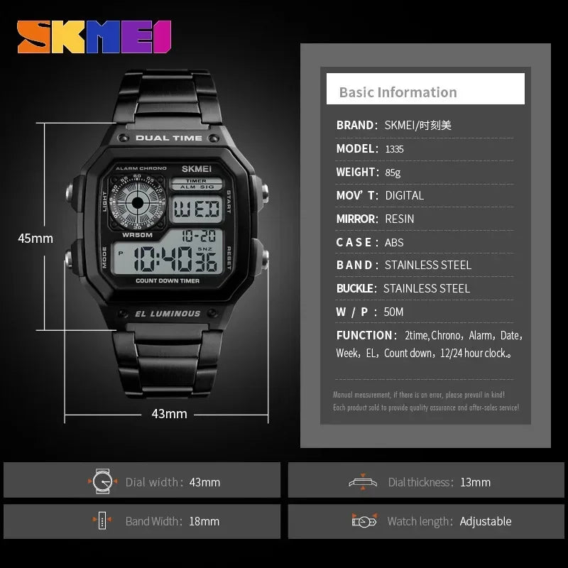 SKMEI 1335 Digital Watch for Men Retro Sports Waterproof Chrono Electronic Mens Wristwatches Stainless Steel Clock Reloj Hombre