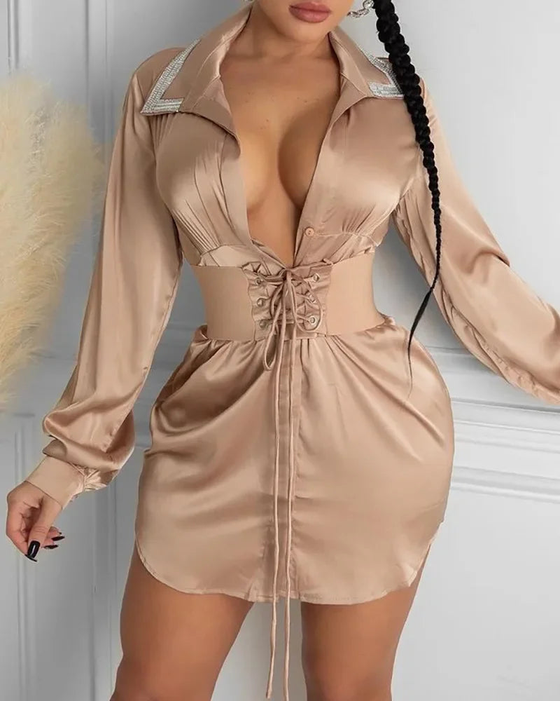 High Waist Bandage Mini Dress Spring Summer New Dress Shirt Women's Sexy Long Sleeve Turn-down Collar Dress