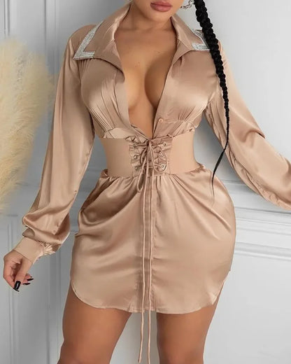 High Waist Bandage Mini Dress Spring Summer New Dress Shirt Women's Sexy Long Sleeve Turn-down Collar Dress