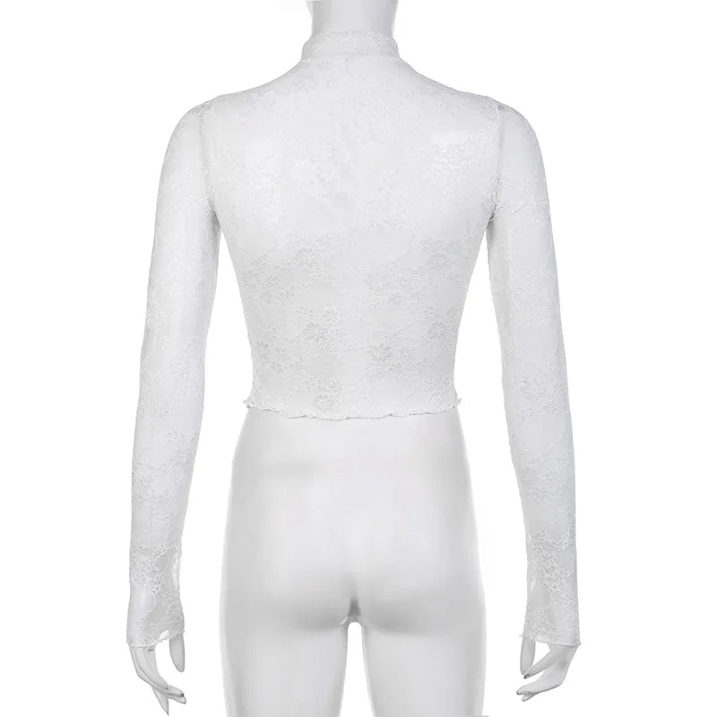 Lace Blouse Shirts Summer Women Turtleneck Long Sleeve See Through Lace Patchwork Thin Tops