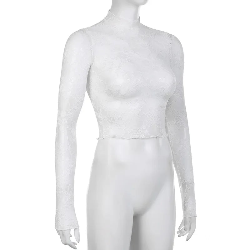 Lace Blouse Shirts Summer Women Turtleneck Long Sleeve See Through Lace Patchwork Thin Tops