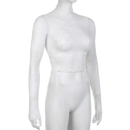 Lace Blouse Shirts Summer Women Turtleneck Long Sleeve See Through Lace Patchwork Thin Tops