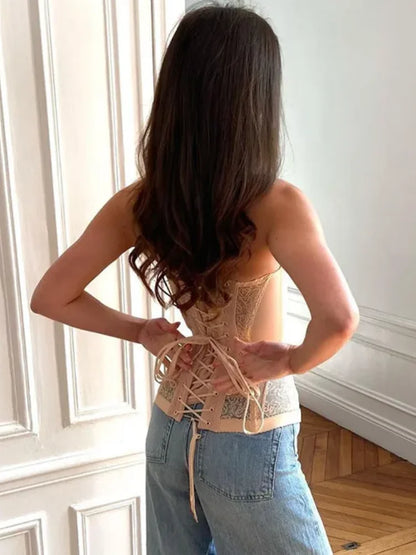 Tight Corset Lace Hollow Sleeveless Strapless Top Summer Fashion Women Street Trendy Vest