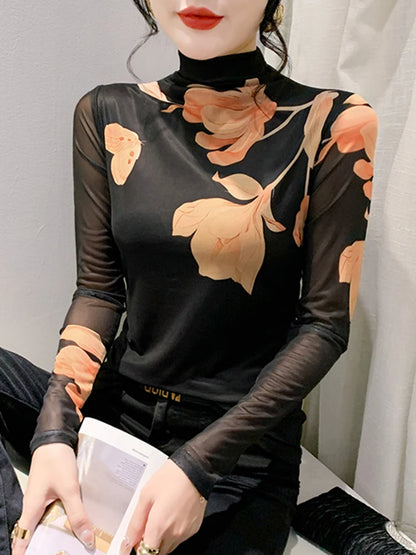 High Neck Long Sleeved Mesh Positioning Printed T-shirt Women Autumn Stretch Slim T Shirts Tops Female Base Tees HF8779
