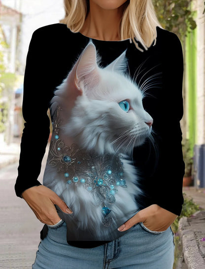 Long Sleeve 3D Printed Kitten Cute Print T-Shirt Women's Streetwear Round Neck Long Sleeve