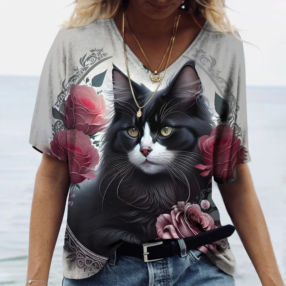 T-shirt Cat Print Short Sleeve Clothes Female Harajuku Tees Ladies T Shirt Oversized Tops Animal Women Clothing