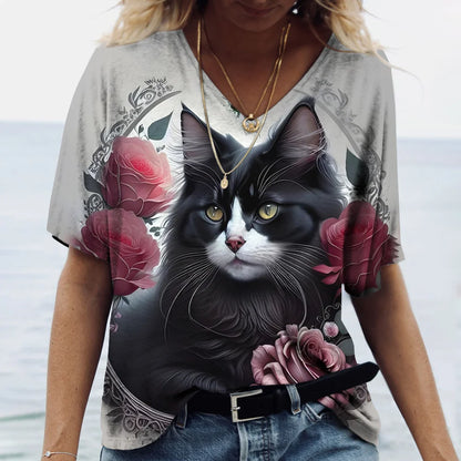 T-shirt Cat Print Short Sleeve Clothes Female Harajuku Tees Ladies T Shirt Oversized Tops Animal Women Clothing