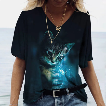 T-shirt Cat Print Short Sleeve Clothes Female Harajuku Tees Ladies T Shirt Oversized Tops Animal Women Clothing